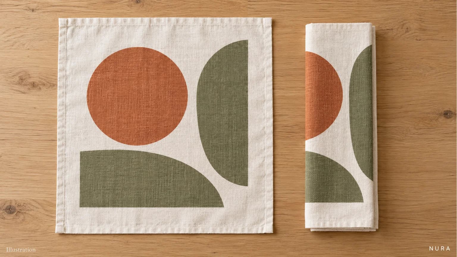Illustration comparing an unfolded cream tea towel with a lengthwise folded version showing part of its terracotta and olive pattern