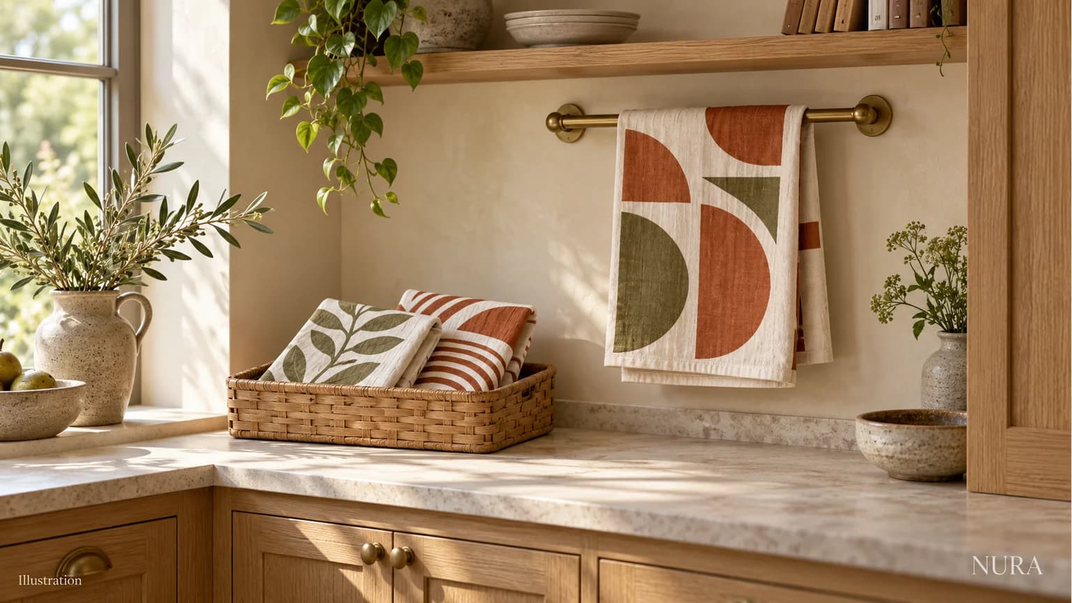 Illustration of a patterned tea towel on a brass rail beside a basket of folded towels in an oak pantry