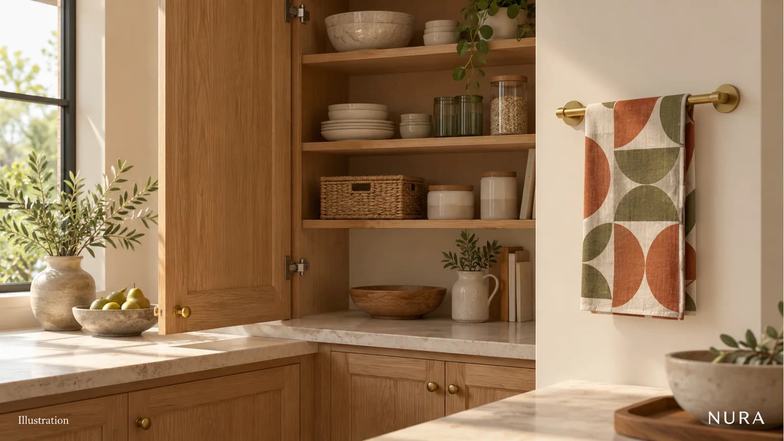 Illustration of an open oak pantry cabinet beside a separate wall rail with a patterned tea towel