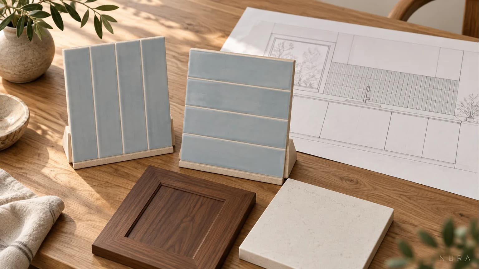 Two supported blue tile layout boards in vertical and horizontal grids beside walnut and ivory samples