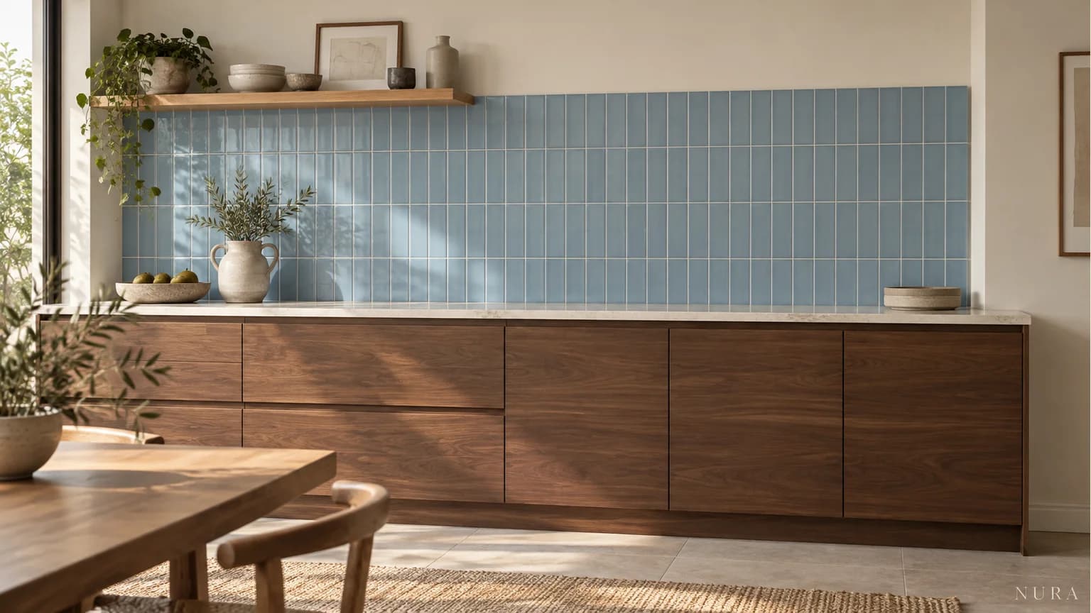 Dusty blue vertical tile splashback with a clear right-hand edge above walnut kitchen cabinets