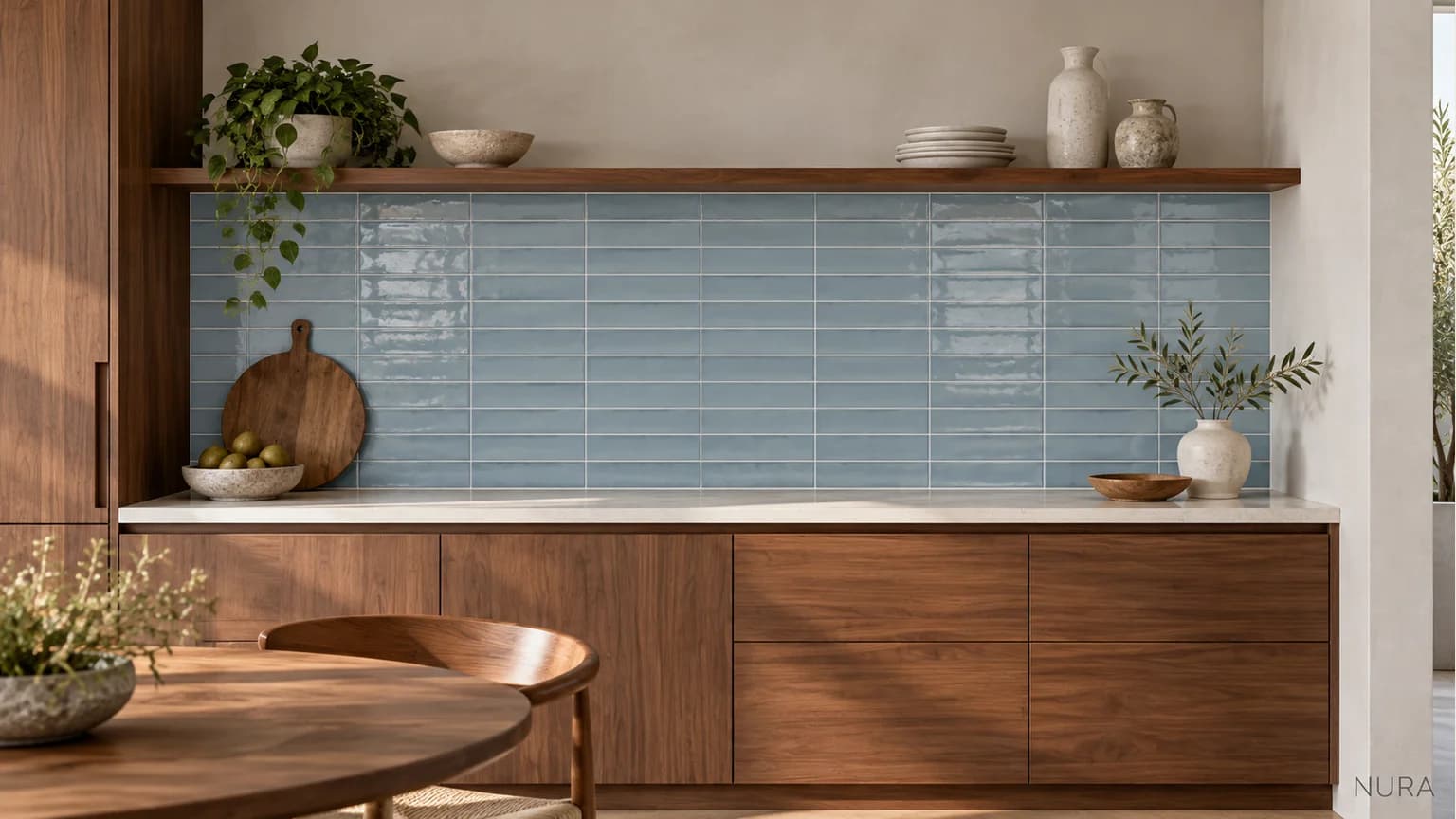 Dusty blue horizontal stacked tiles between a walnut tall cabinet and an off-white wall edge