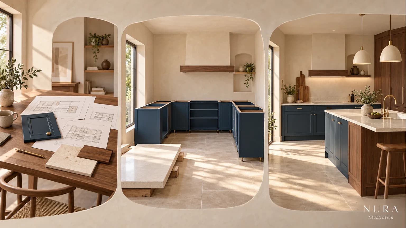 Illustrated sequence from kitchen plans to cabinet installation and a finished blue and walnut kitchen