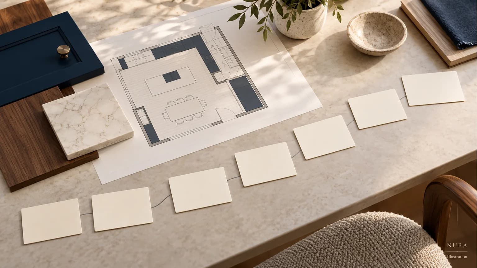 Kitchen plan with navy door and walnut samples beside seven blank milestone cards
