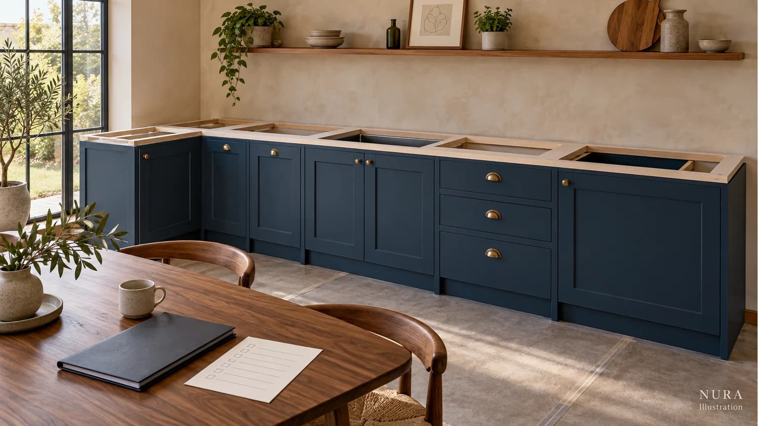 Blue base cabinets with a light worktop template and a folder on a walnut table