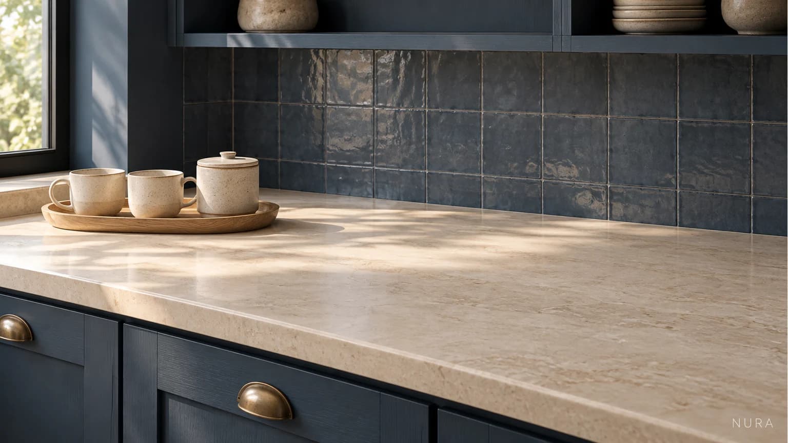 Illustration of a small oak tray with ivory cups and a canister beside a clear kitchen worktop