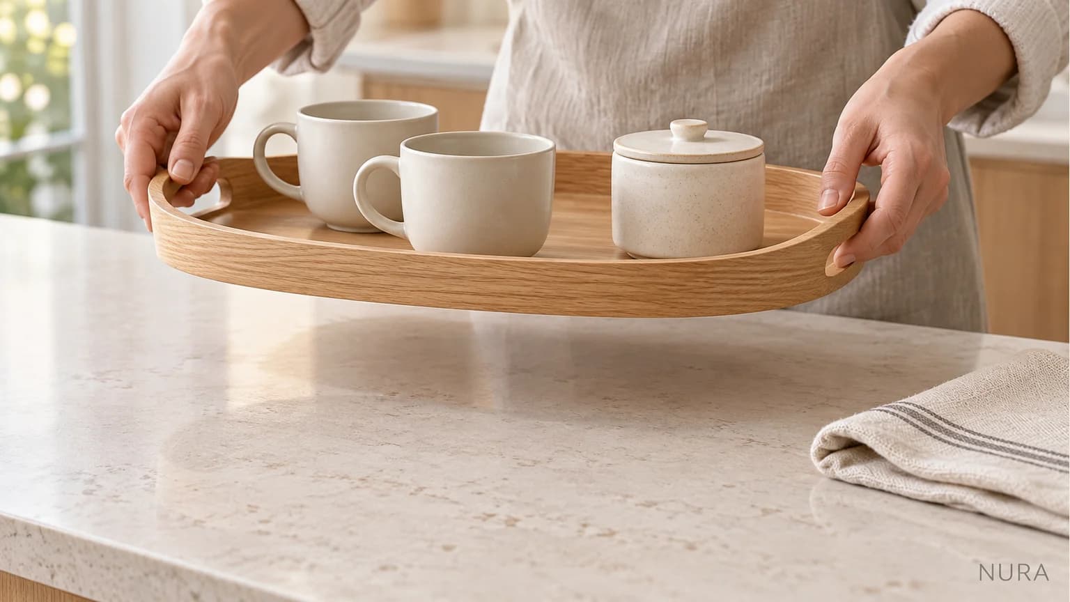 Illustration of two hands lifting a small oak tray containing empty ivory cups and a closed canister above a worktop