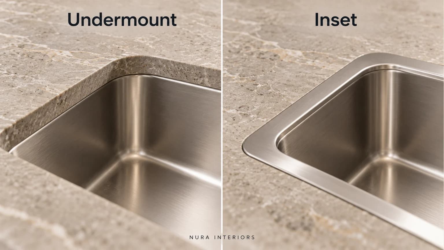 Paired closeups of a stainless undermount bowl below a stone edge and an inset sink with its metal rim above the worktop