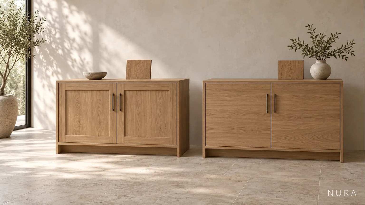 Oak cabinet-front options with framed doors on the left and flat slab doors on the right