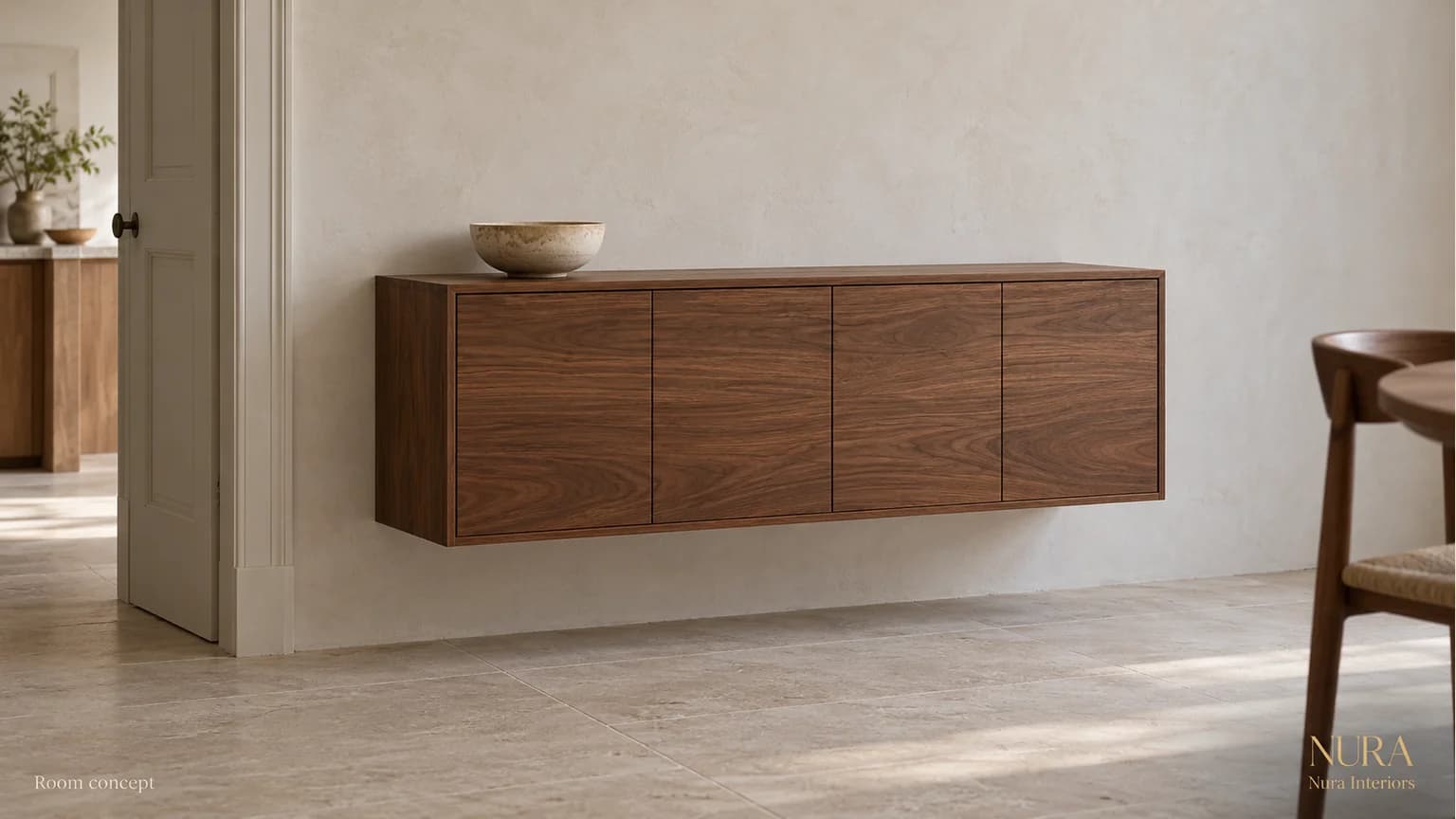 Wall-mounted walnut cabinet beside a painted doorway and dining chair, with clear floor space below