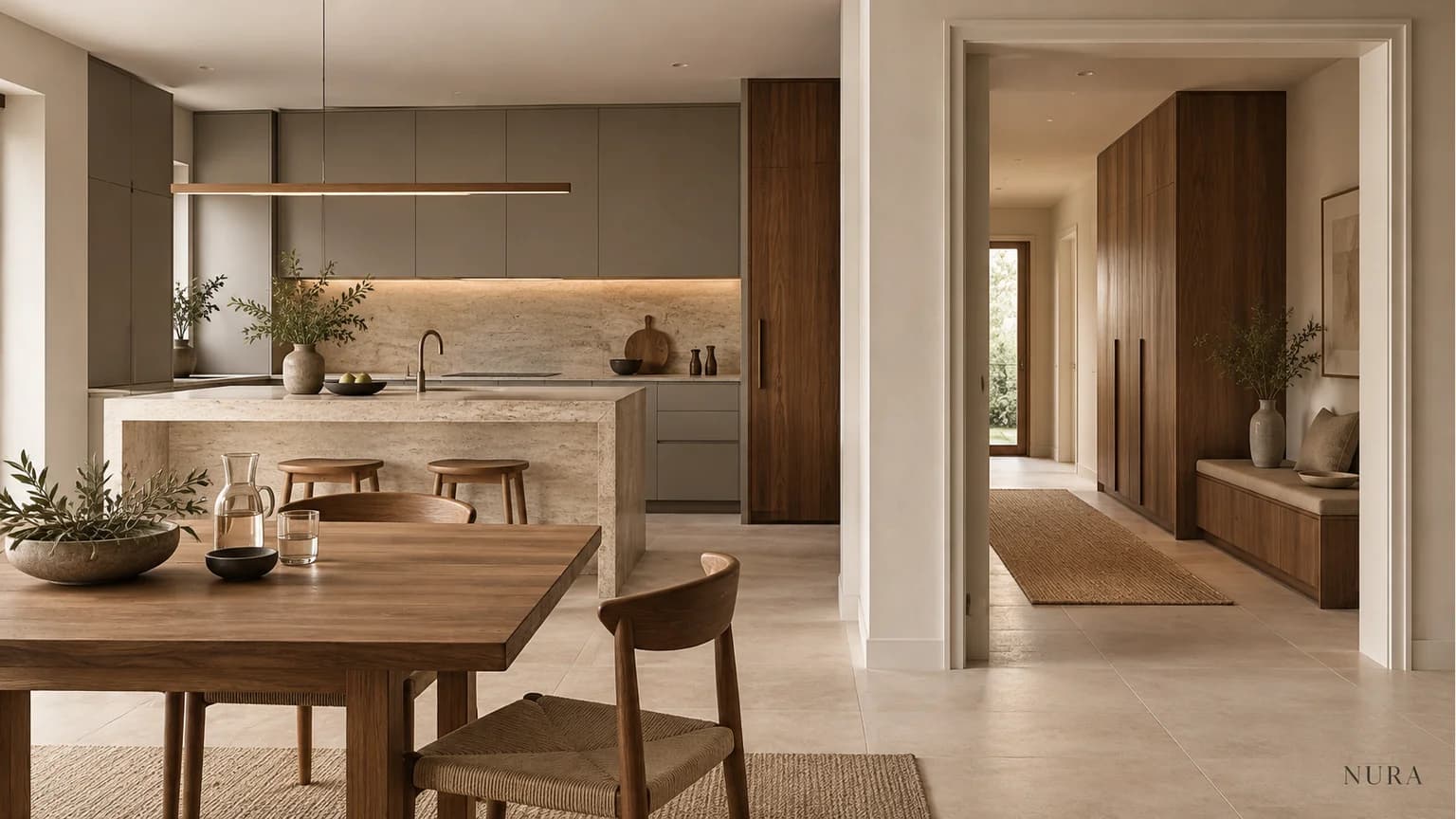 Kitchen and hall cabinetry with related timber details seen across a dining space
