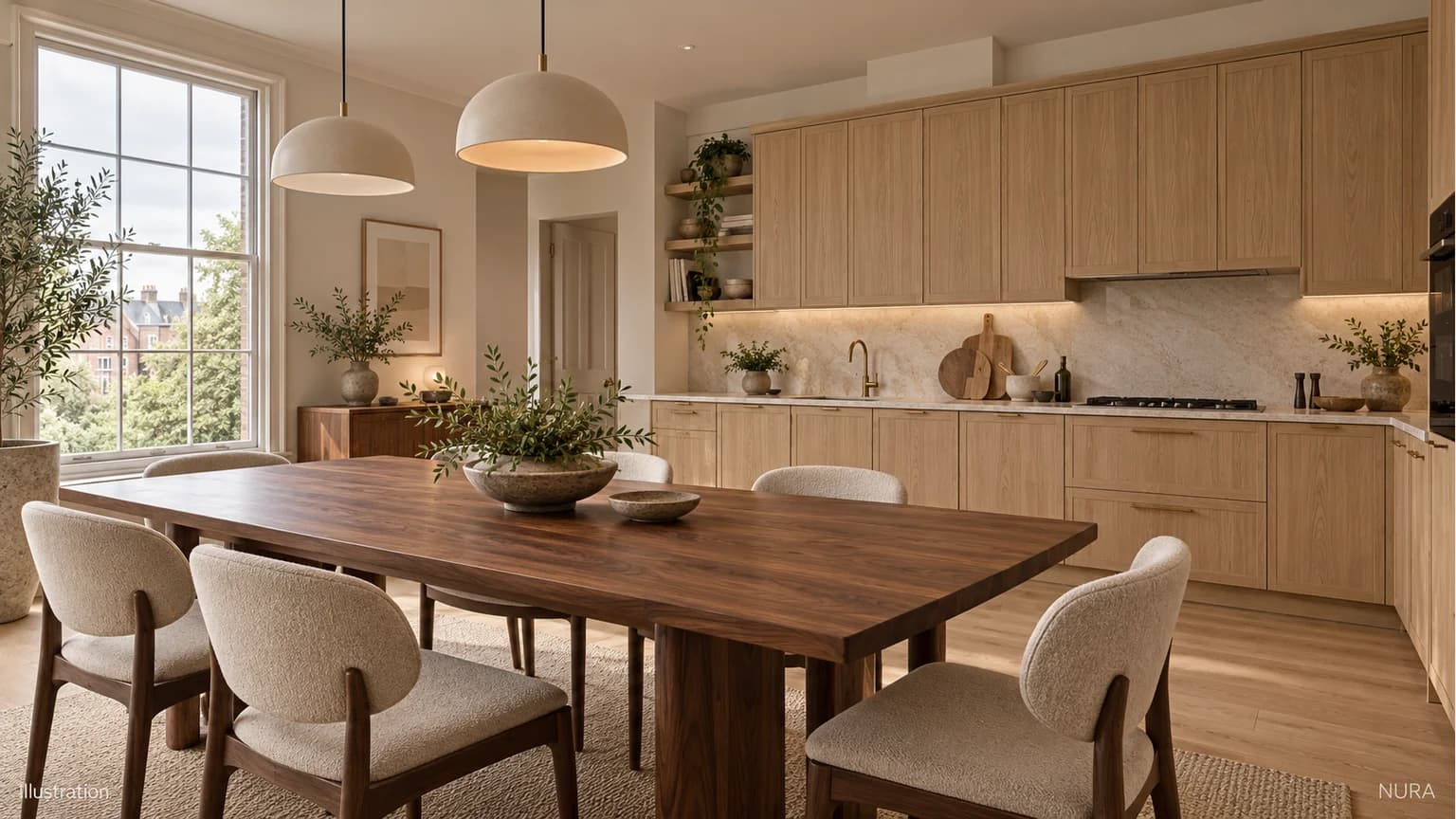 Illustration of pale wood kitchen cupboards with a dark brown dining table