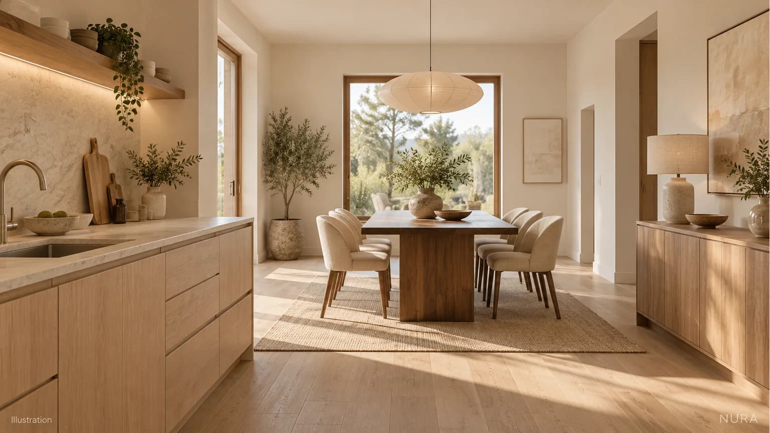 Illustration of pale wood kitchen cabinetry seen alongside a dark dining table and light timber floor