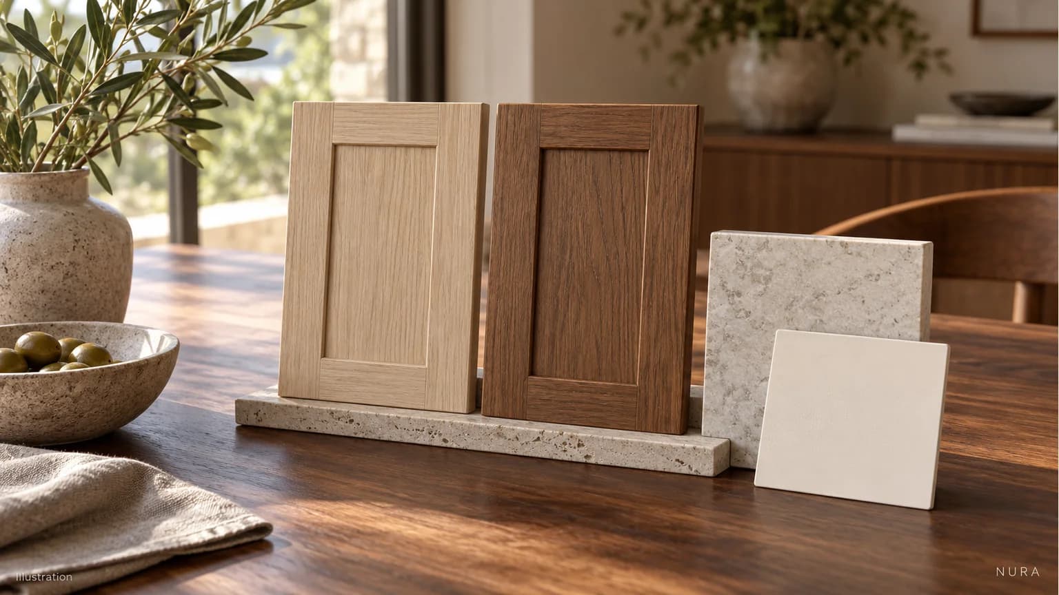 Illustration of two finished wood samples on a dark brown dining table beside neutral material samples